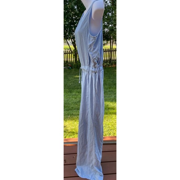 Demin Sleeveless Light Blue Jumpsuit With Adjustable Waist Tie & Wide Legs M - Picture 4 of 11